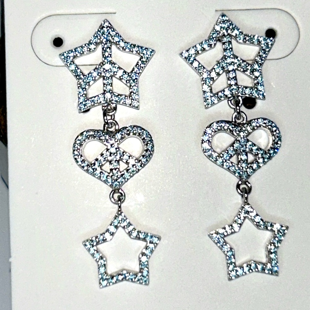 NWOT Sterling Silver Blue Rhinestone Pave Peace & Love Designer Earrings Boho